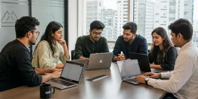 Colleagues discussing work around a conference table with open laptops